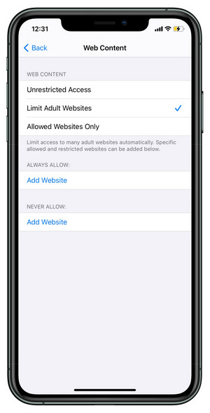 limit websites on iOS 14