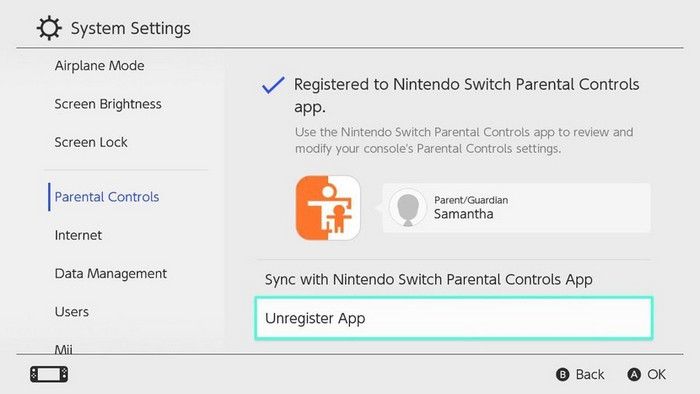 Unregister Nintendo Switch parental control app